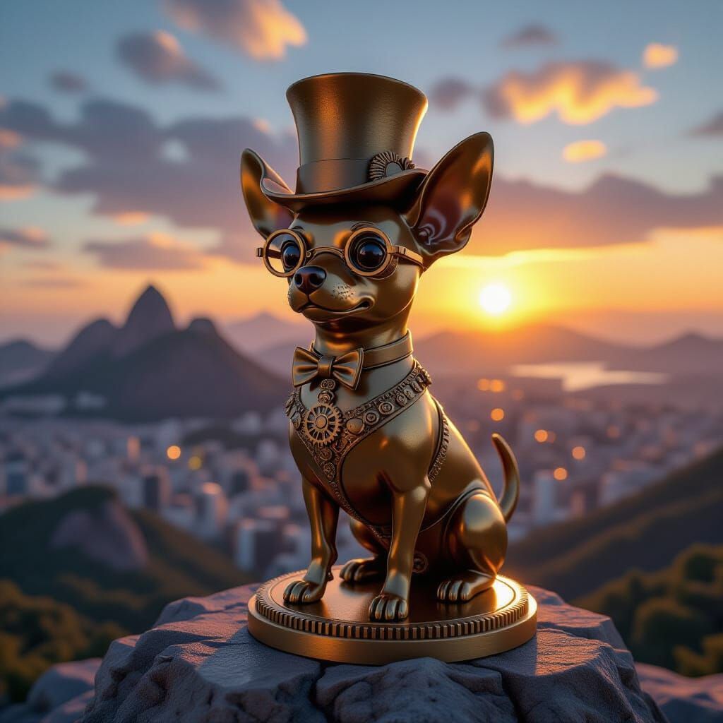 Steampunk Chihuahua Statue Overlooking Cityscape