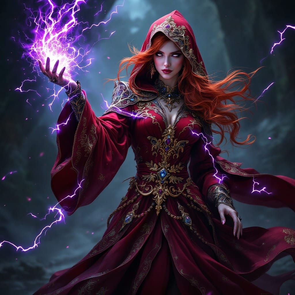 Majestic Red-Haired Sorceress in Rococo-Red Robe, Wielding M...