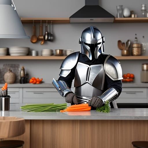 Mandalorian Warrior Cooking in Kitchen