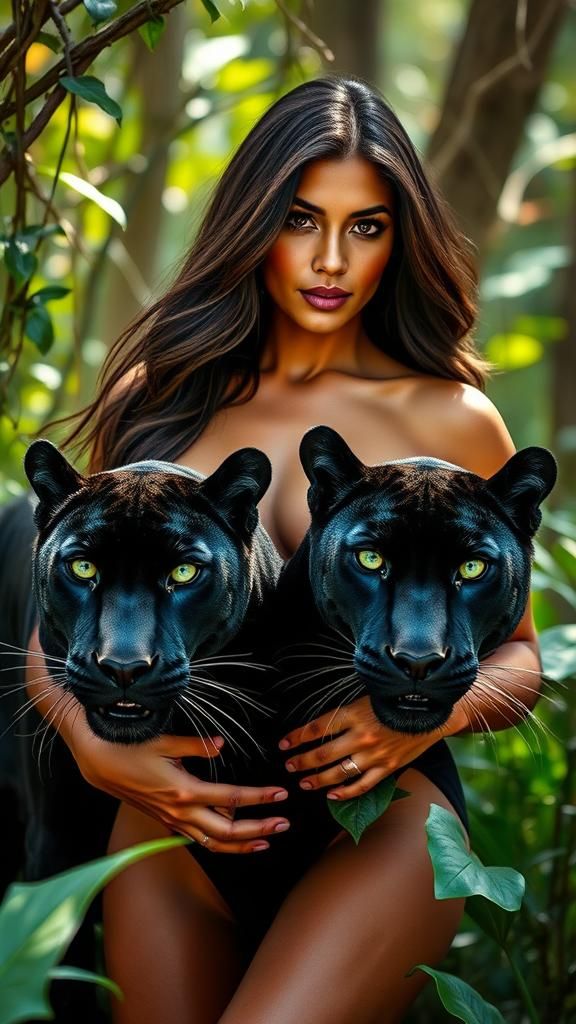 Latina with Panthers in Lush Jungle Setting