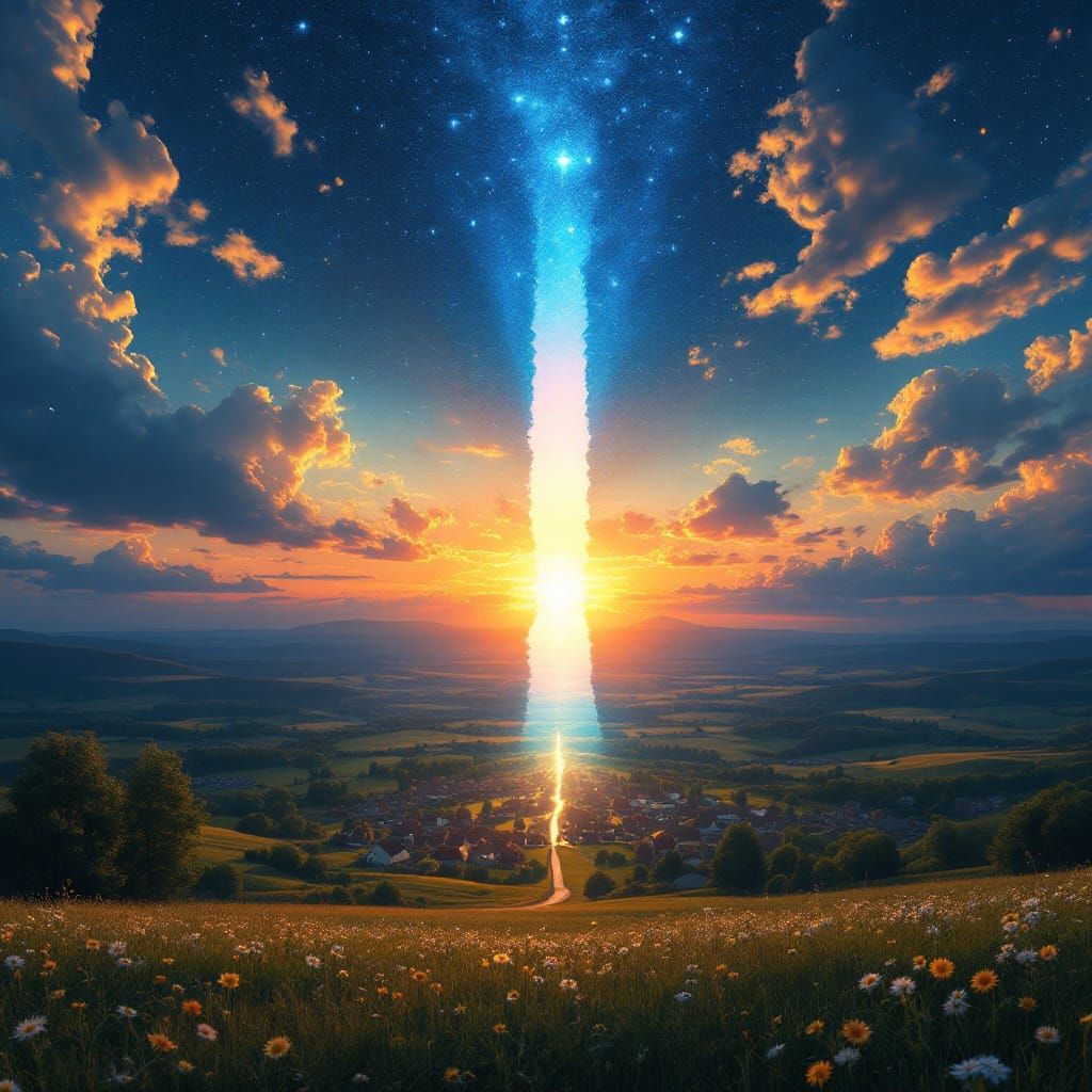 Surreal Night Sky Emerges from Blazing Sunlit Meadow