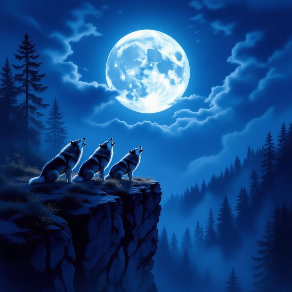 Wolves Howling at Moonlit Forest Cliff