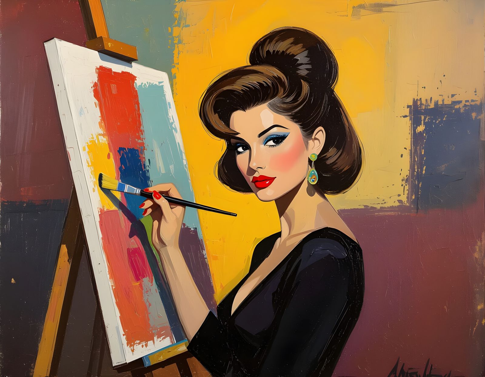 Abstract Expressionist Woman with Vibrant Canvas