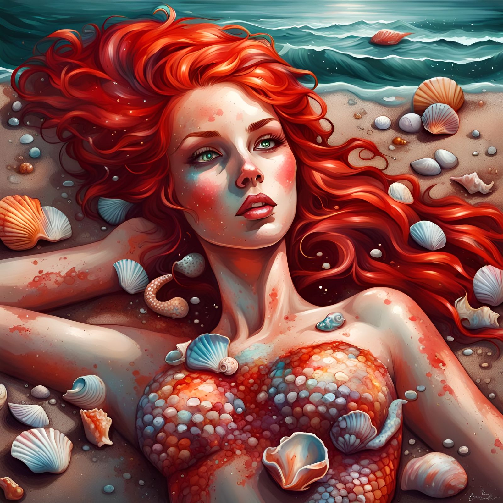 Redhead Mermaid on Beach in Graffiti Art Style