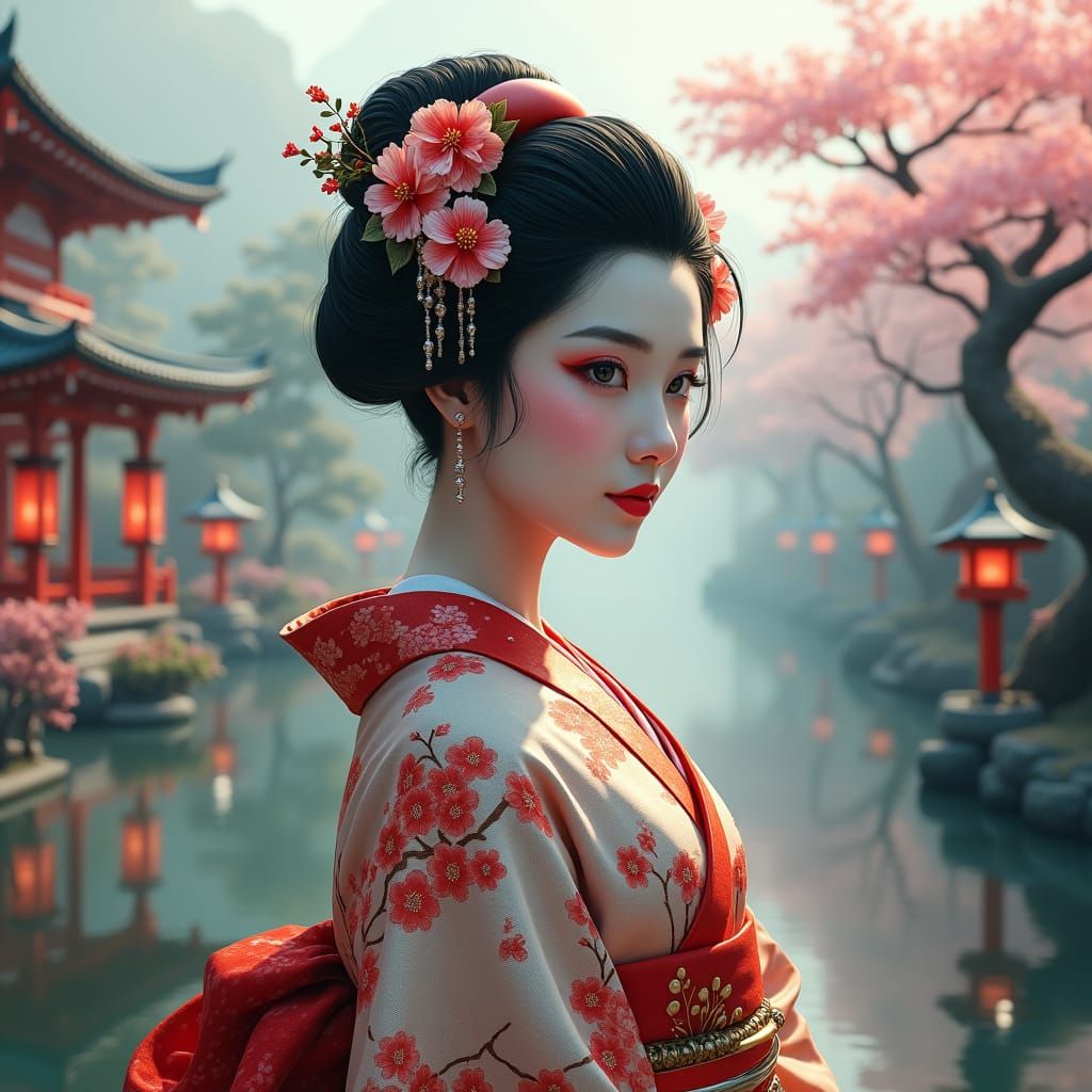 Elegant Geisha Portrait in Japanese Garden