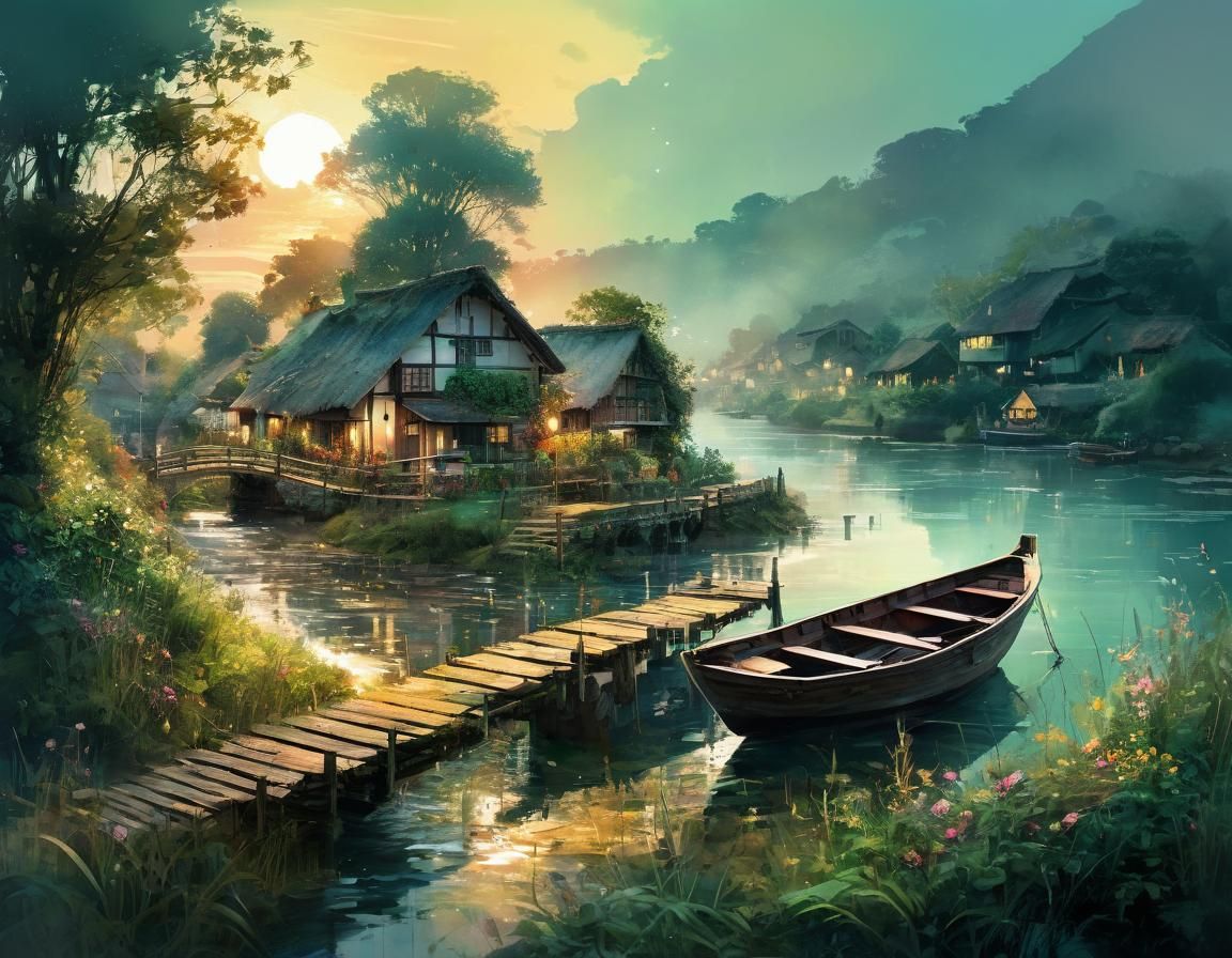 Village on the river bank