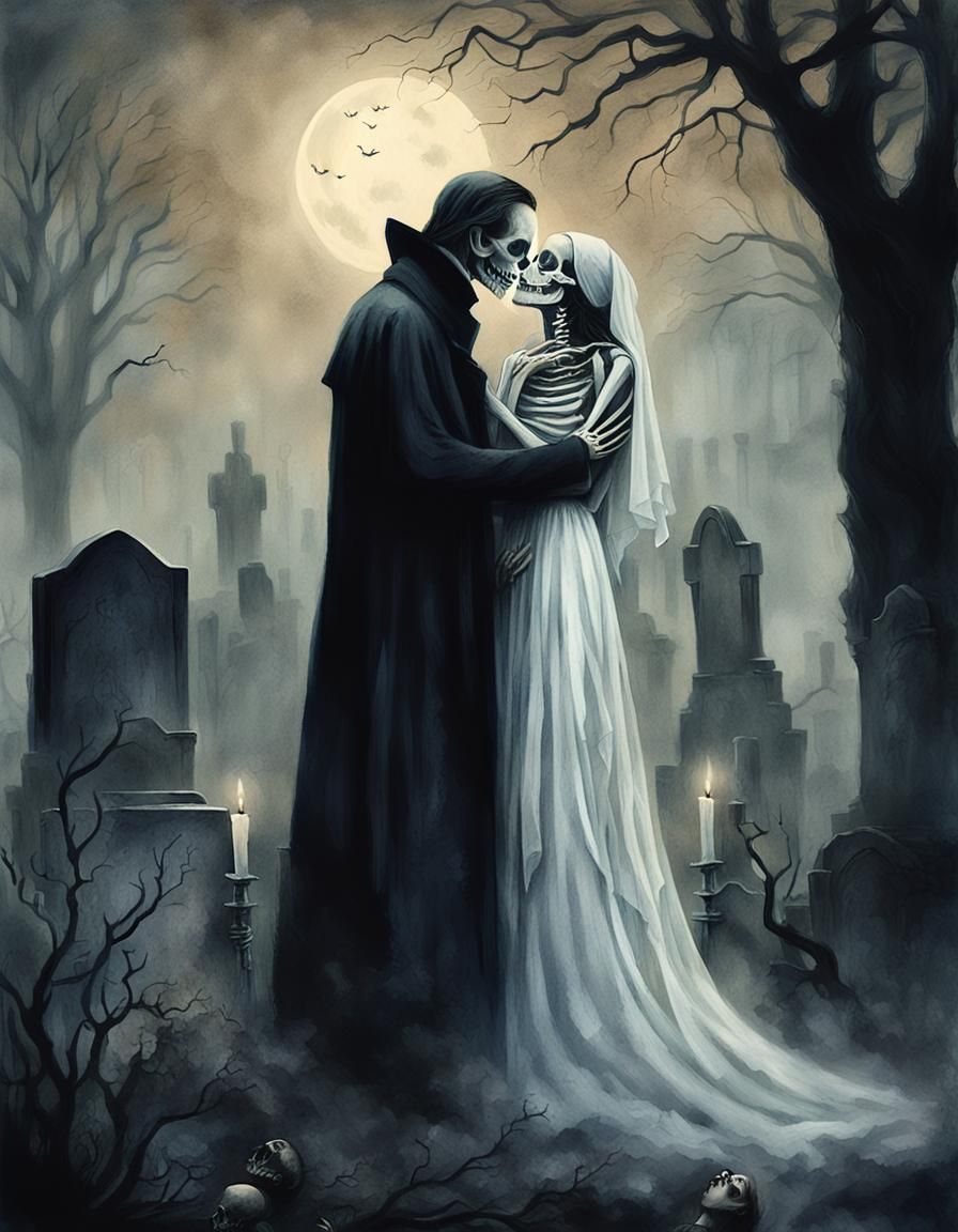 Gothic Skeleton Kiss in Misty Graveyard