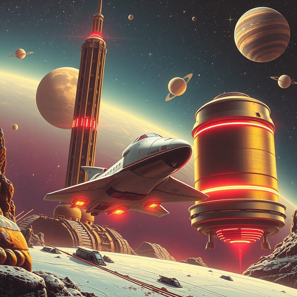 Retro-Futuristic Space Scene with Space Shuttle and Space St...