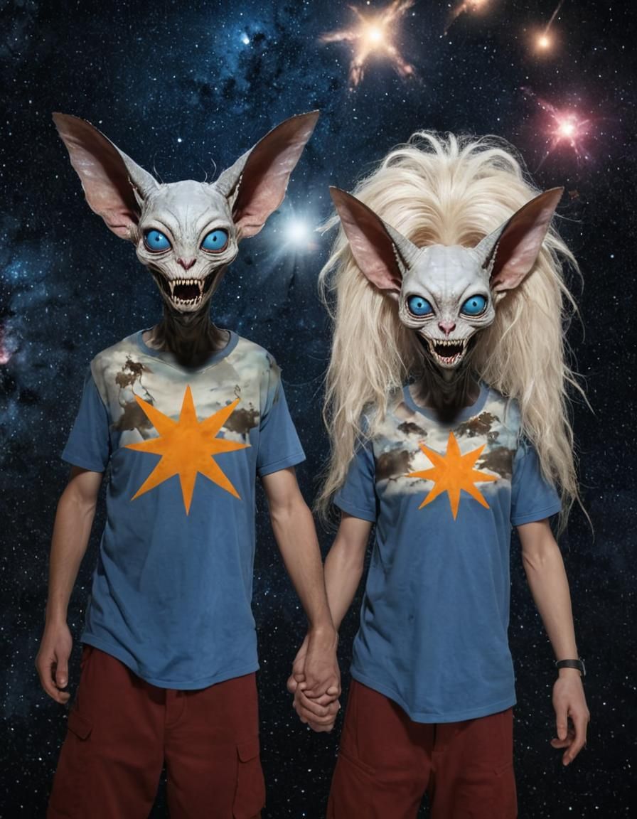 Ethereal Dark Fantasy: Two Alien Lovers in Cosmic Dystopia