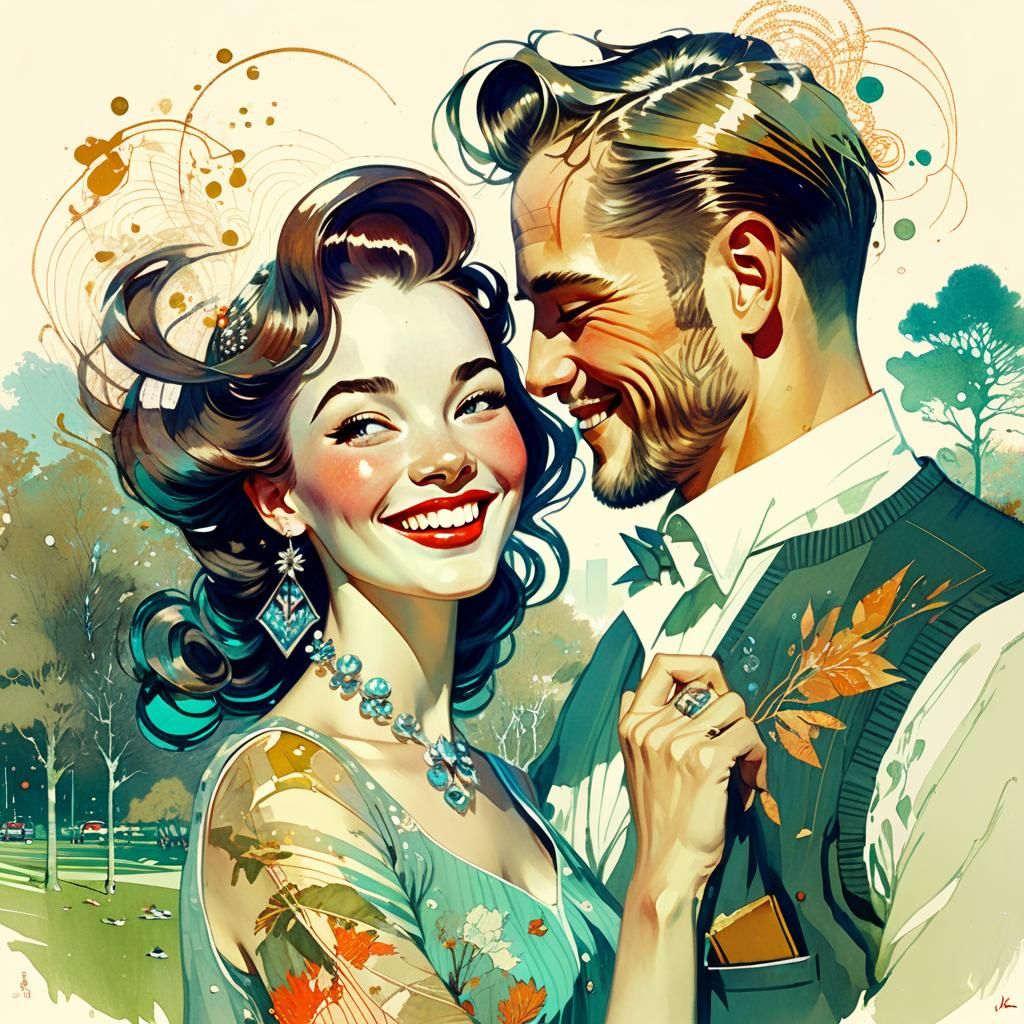 Couple's Joyful Day: Stylized Watercolor Art