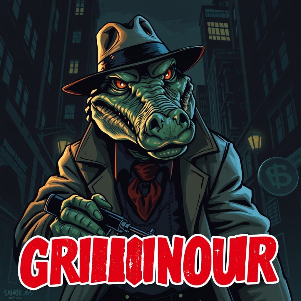Sleuthing Crocodilian Detective in Noir-Inspired Metropolis