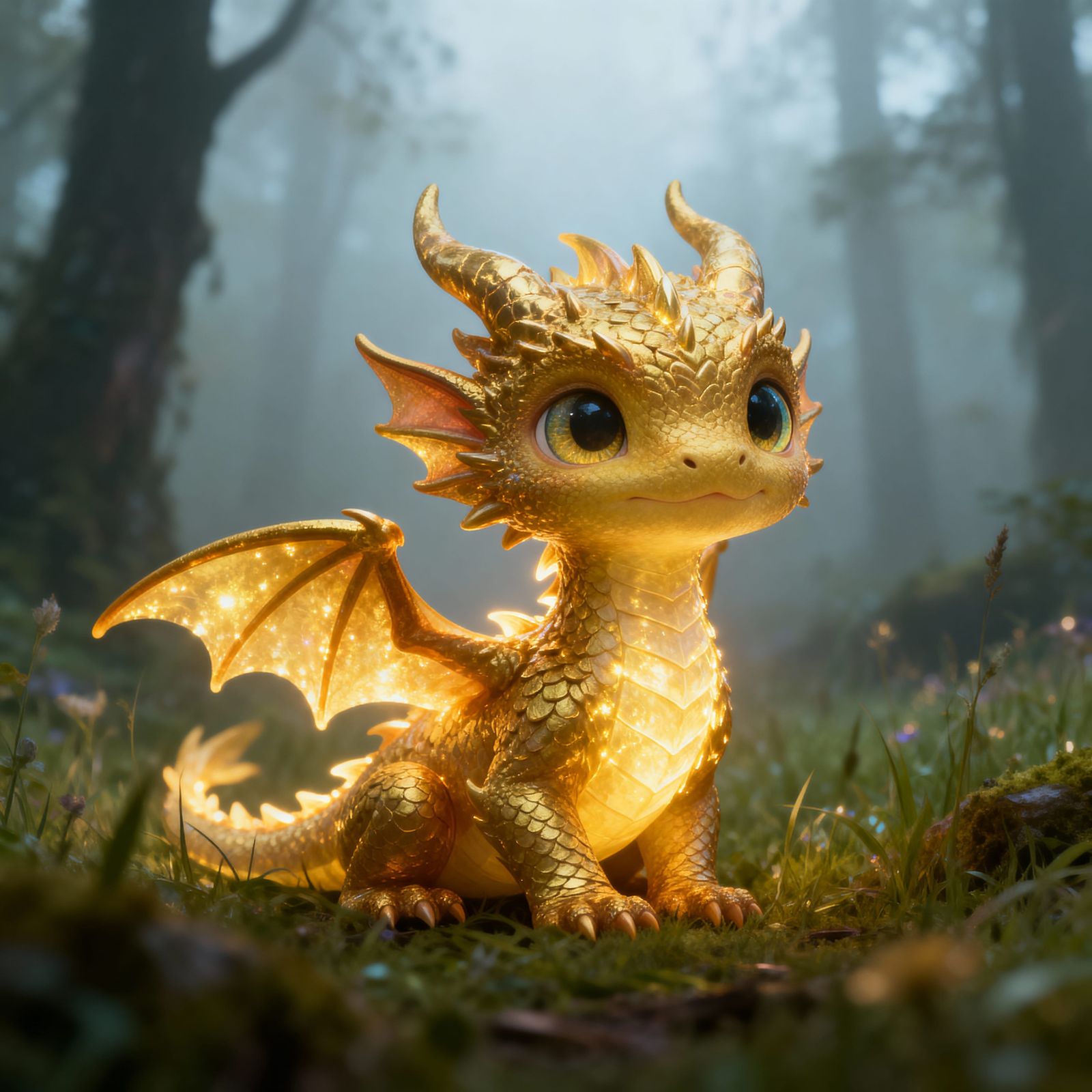 Adorable Glowing Dragon in Misty Forest Meadow