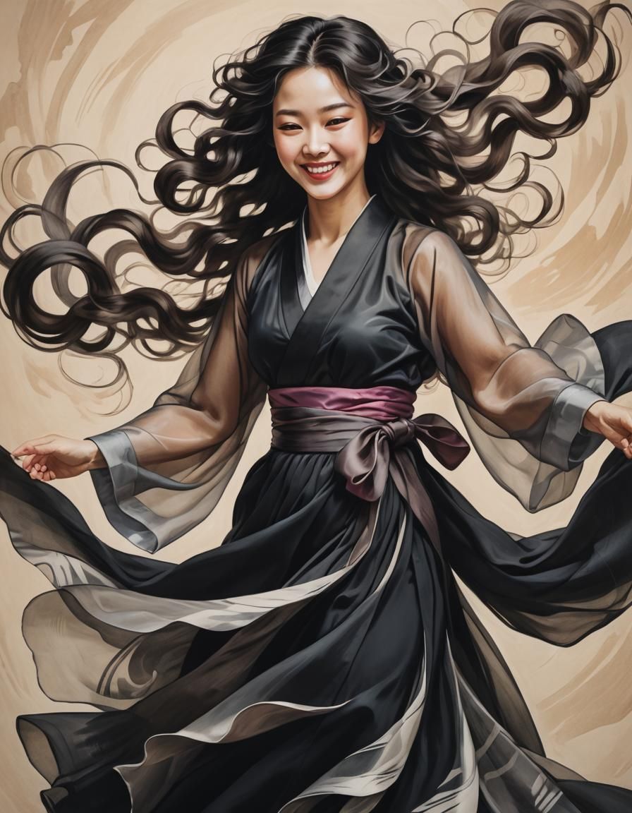 Joyful lady in black Hanbok