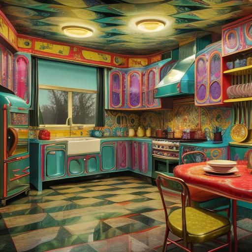 Psychedelic 1950s Kitchen in Surreal CGI Style