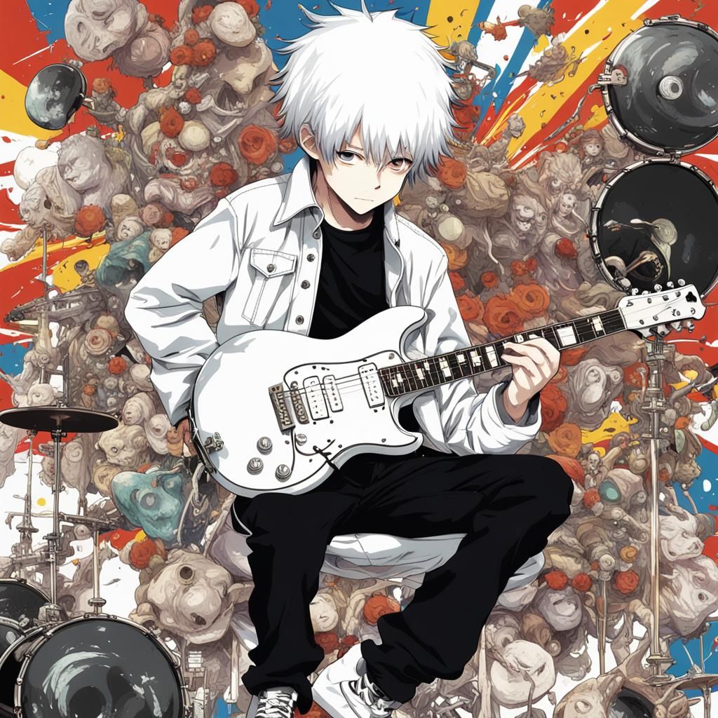 Albino Boy with Les Paul Guitar in Anime Style