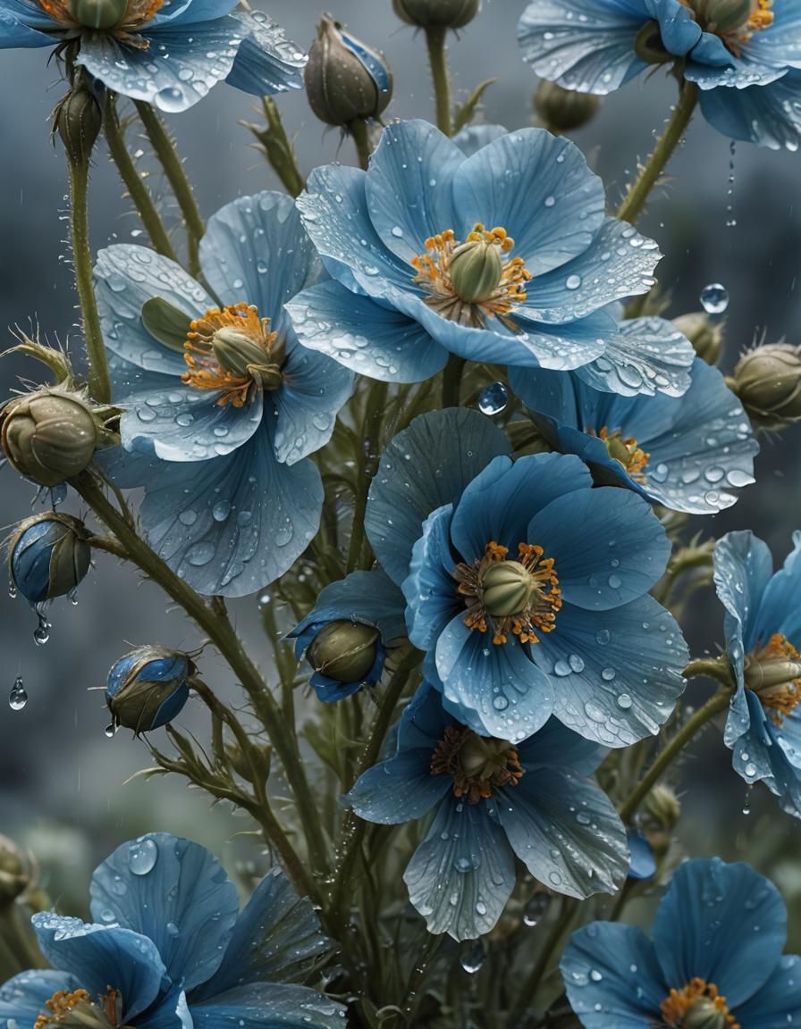 Blue Himalayan Poppy in Bloom: Digital Illustration