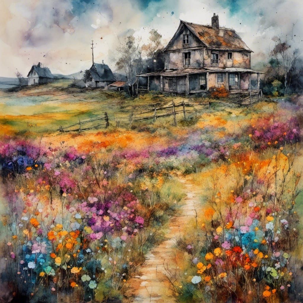 Farm House with Flowers in Alcohol Ink Style