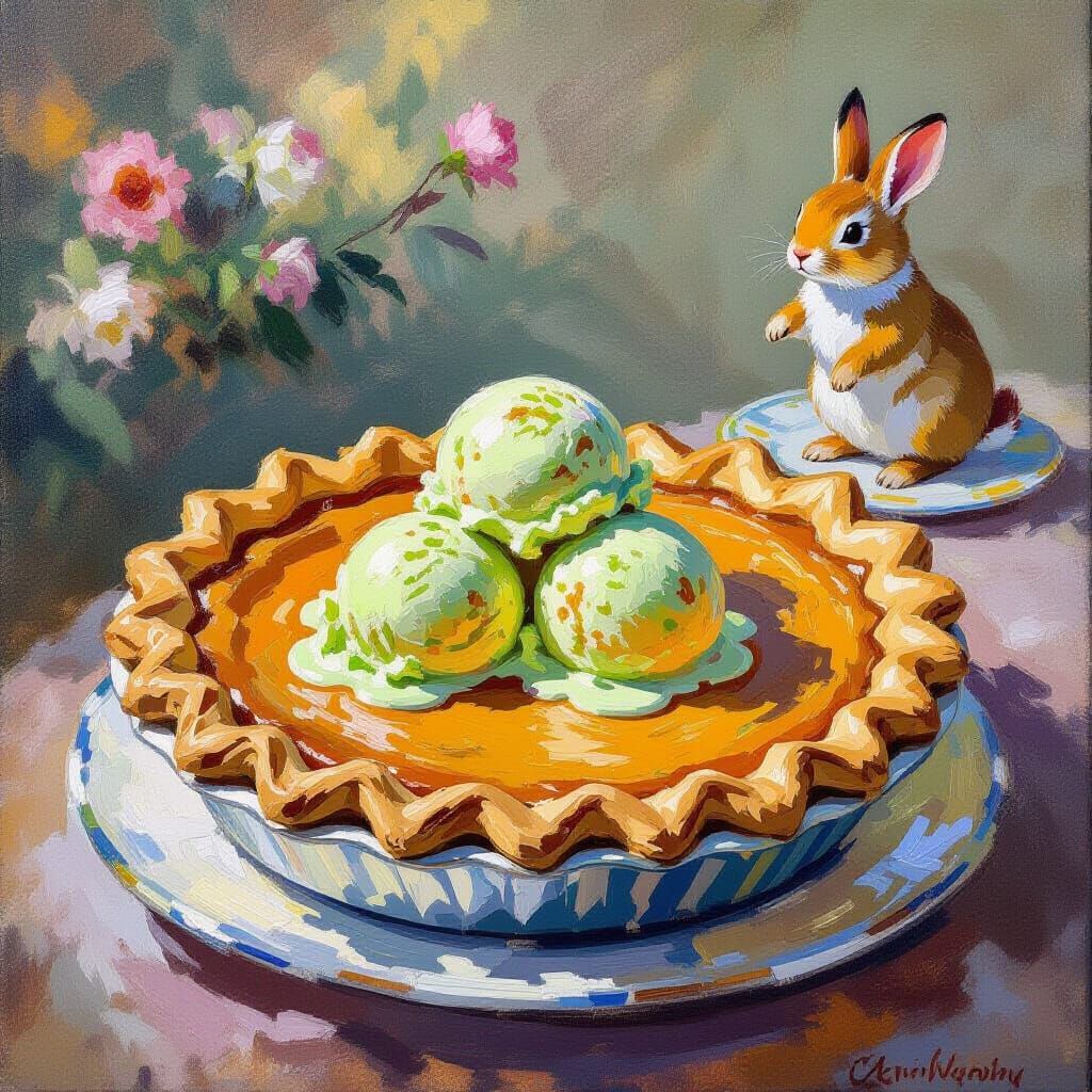 Pumpkin Pie with Ice Cream in Impressionistic Style