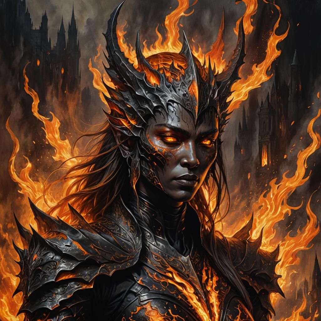 Female Dark Lord Engulfed in Flames: Dark Fantasy Art