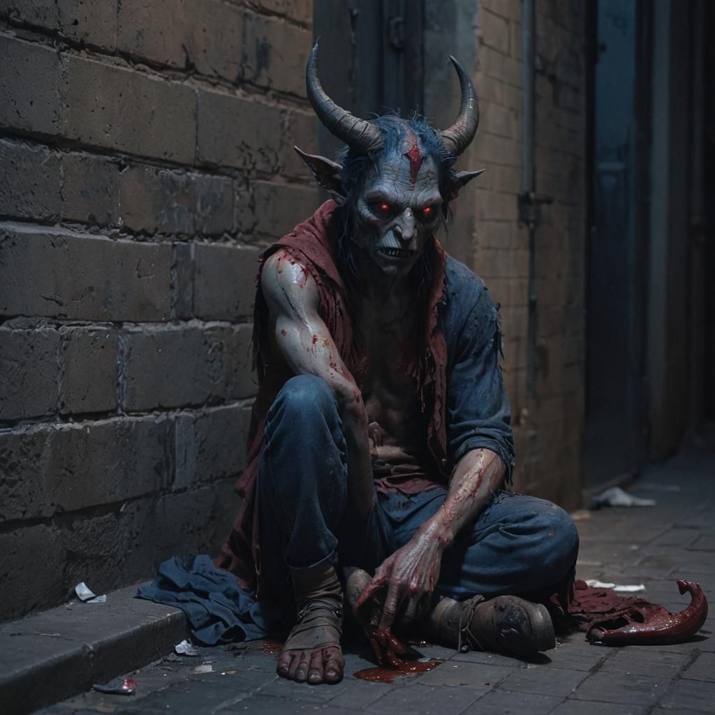 Lonely Demon Begging in Dark Alleyway