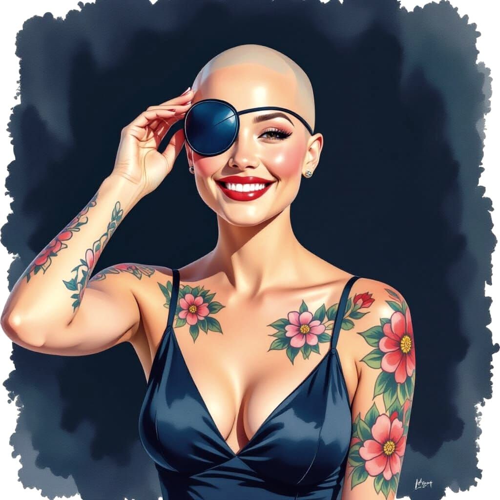 Watercolor Portrait of Joyful Bald Woman With Flower Tattoos