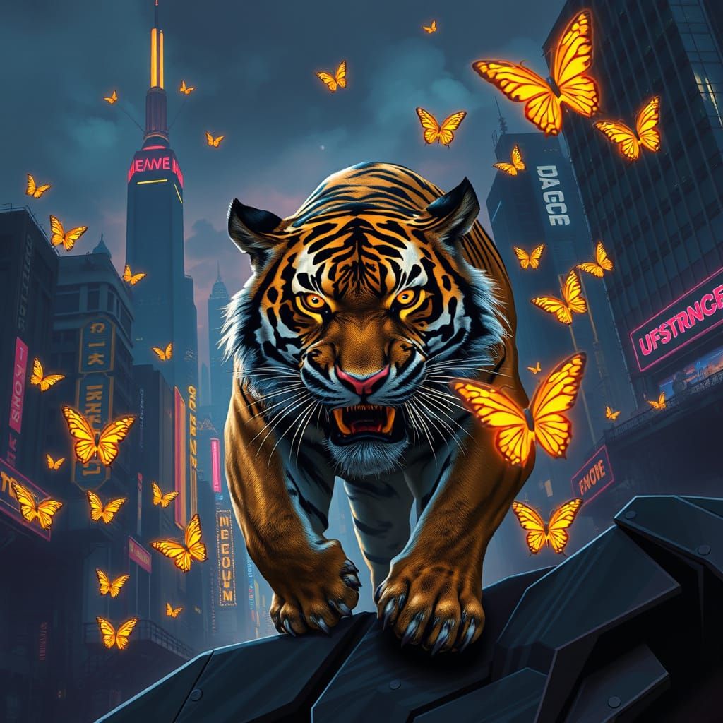 Cyberpunk Tiger Prowls Neon Metropolis