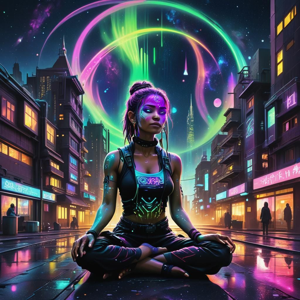 Cyberpunk Yogi in Dystopian Cityscape