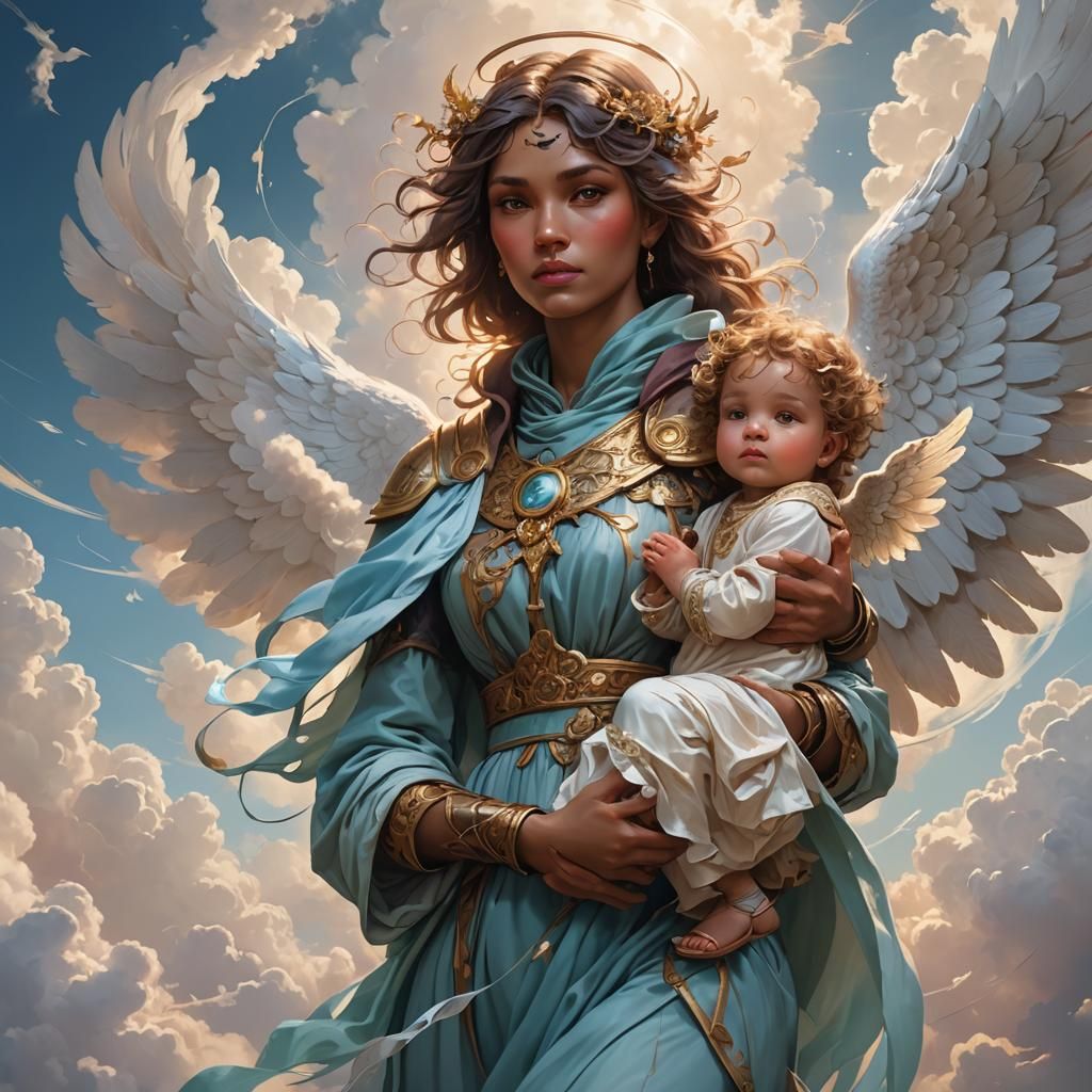 Angelic Portrait: Angel Holding Baby in Clouds