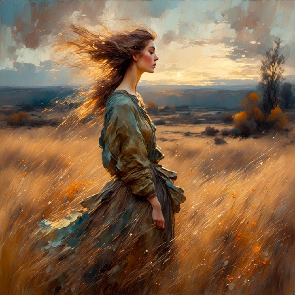 Woman in Autumn Meadow as Expressive Oil Painting