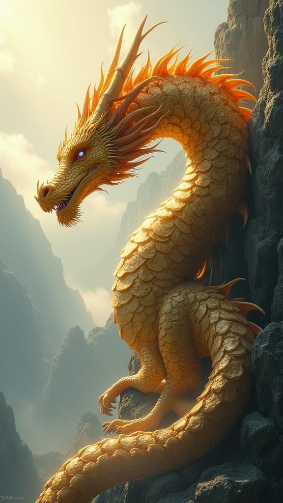 Majestic Golden Dragon in Mountain Landscape