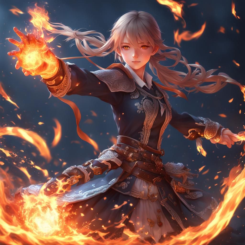 Anime Girl Controls Fire: 3D Rendered Concept Art
