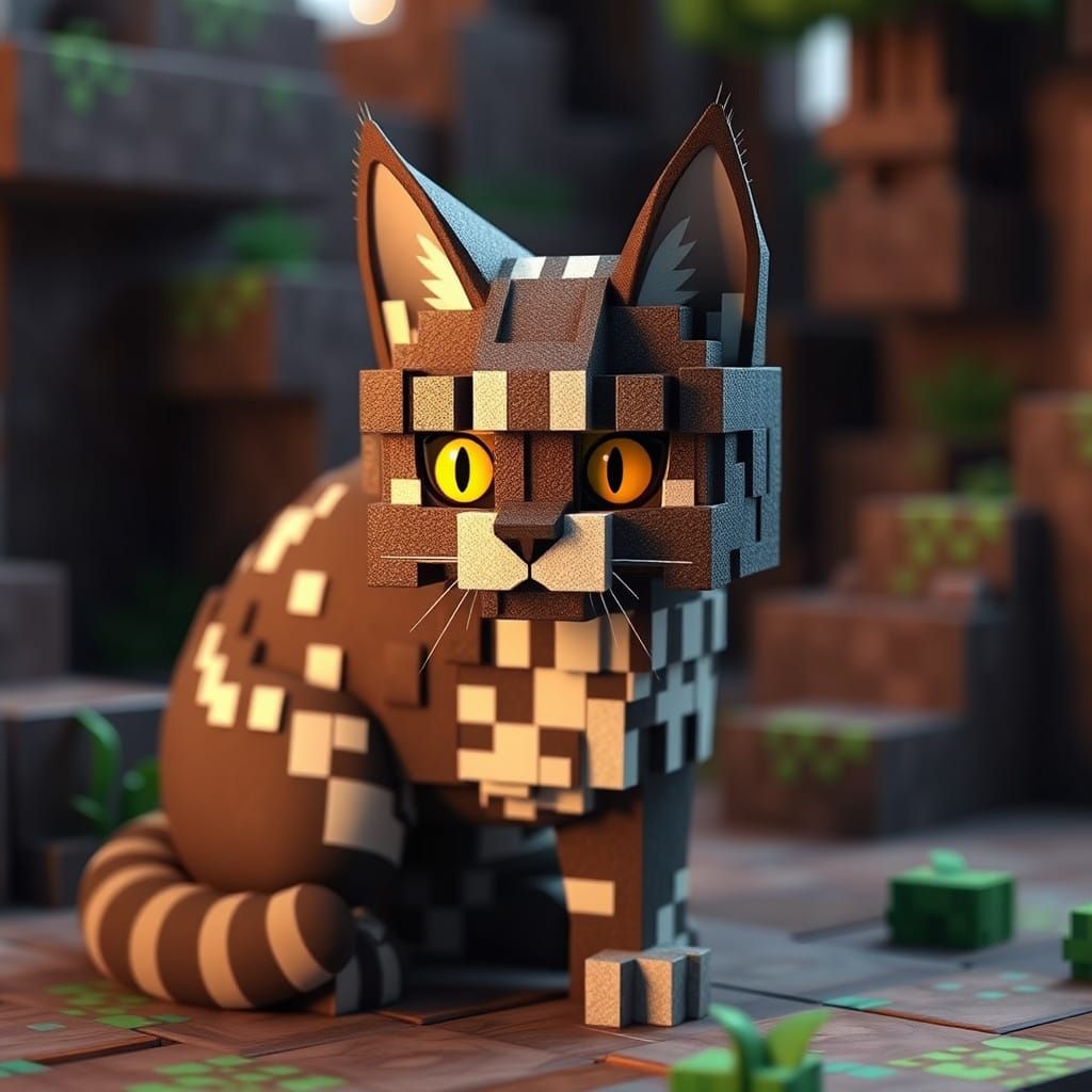 Vibrant 3D Anime Concept Art of a Cat in a Minecraft World