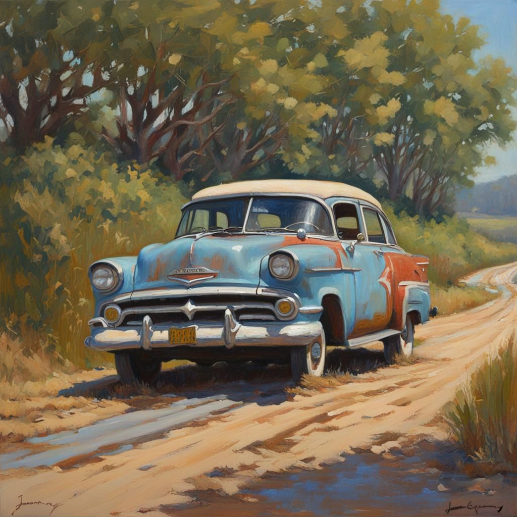 Chevrolet Drives to Levee, Oil Painting