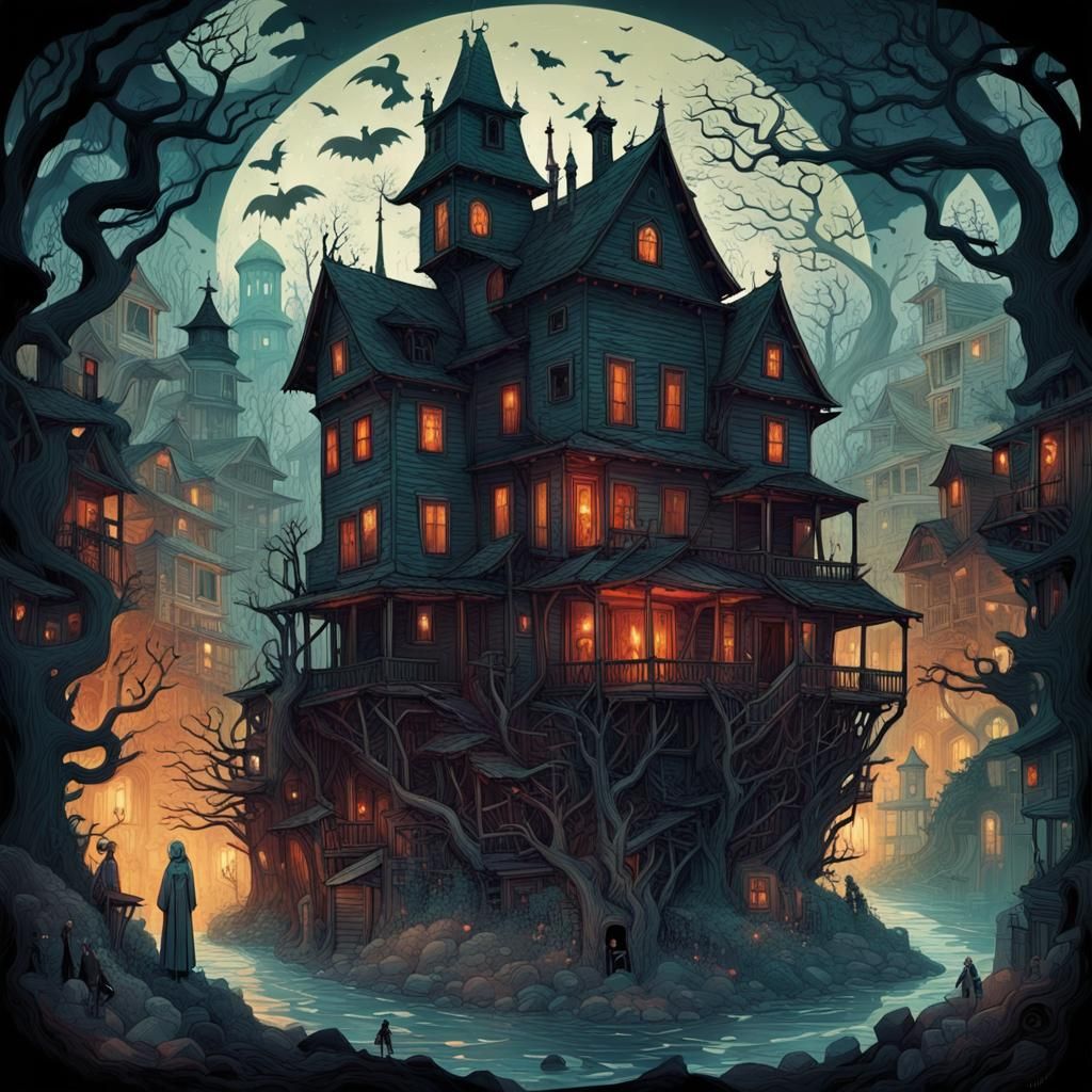 Haunted House with Moat in Village