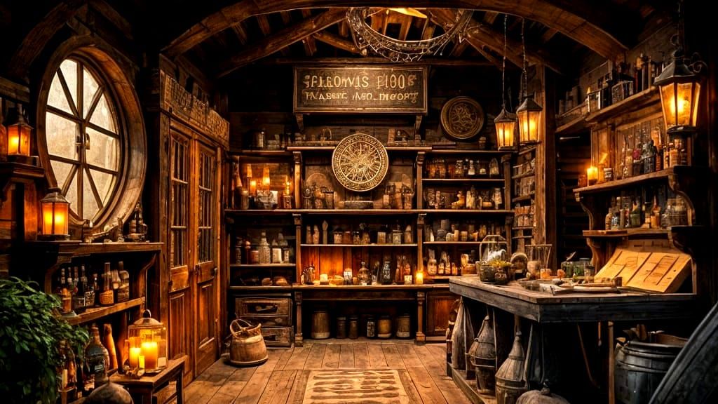Medieval Alchemy Shop Interior with Magical Ambiance