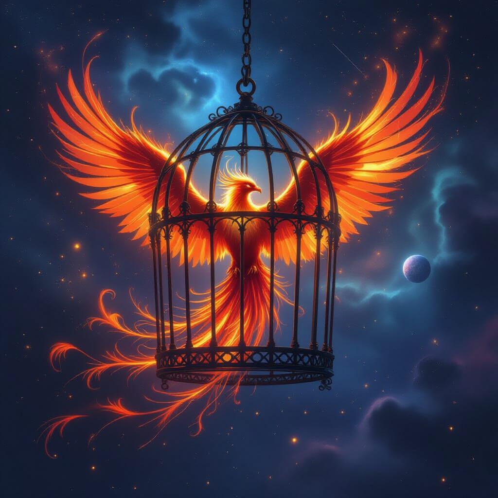 Majestic Phoenix in Celestial Birdcage of Starlight