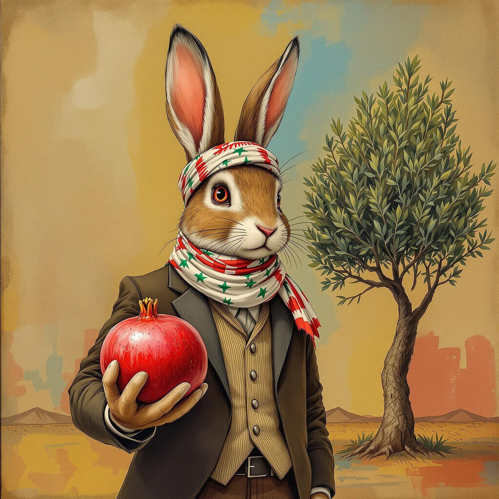 Rabbit Embodying Palestinian Defiance in Earthy Tones