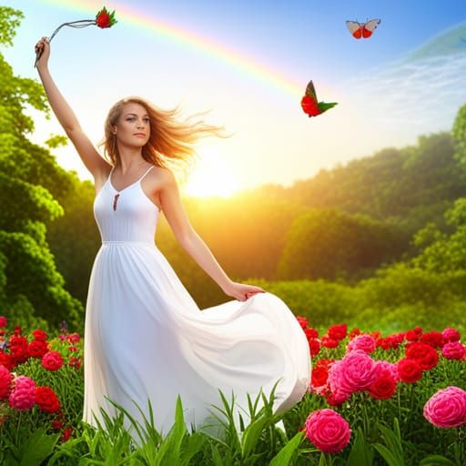 Sunset Beach Swing in Floral Garden: 8K Detail