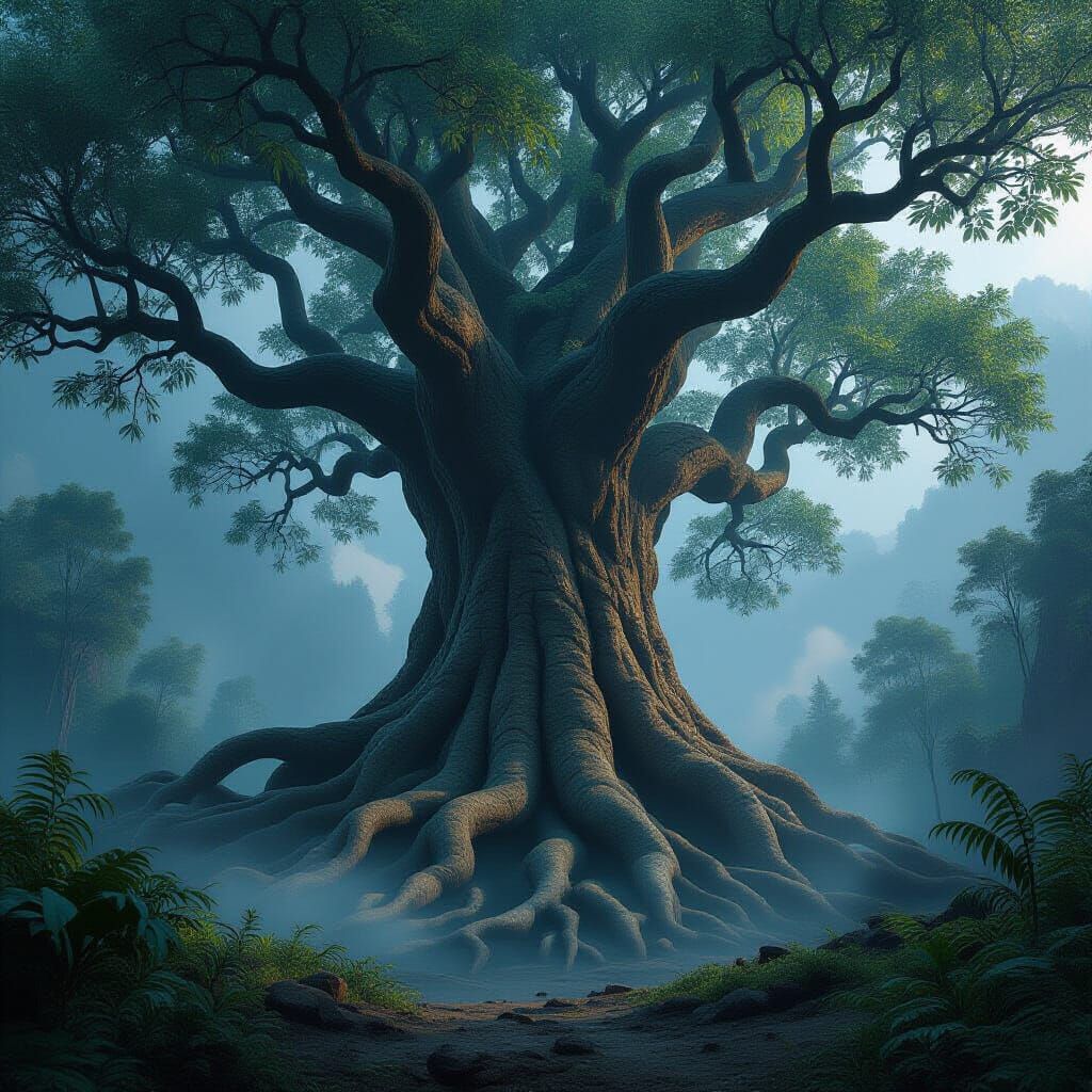 Ancient Colossal Tree in Smoky Forest