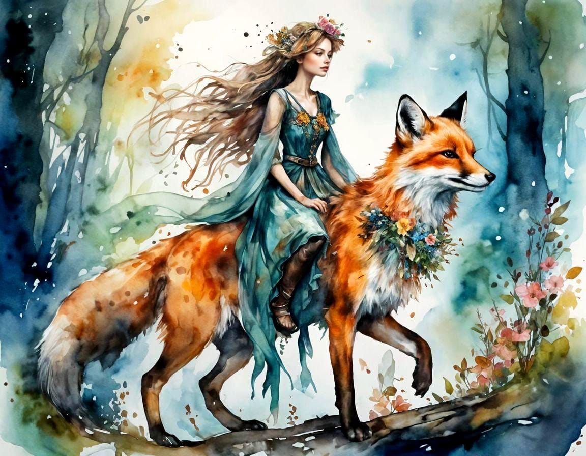 Cute Fairy Rides Fox in Watercolor Style