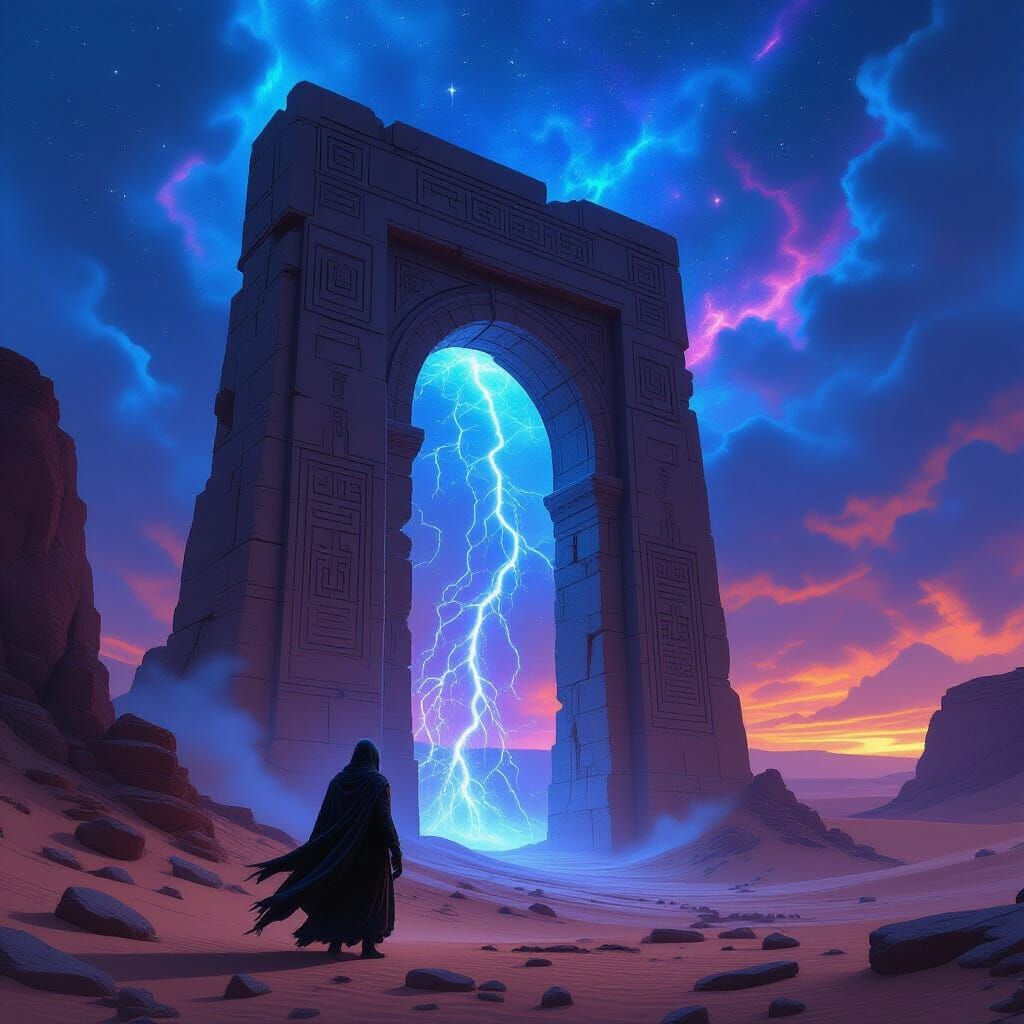 Lone Wanderer Before Arcane Archway in Cosmic Desert
