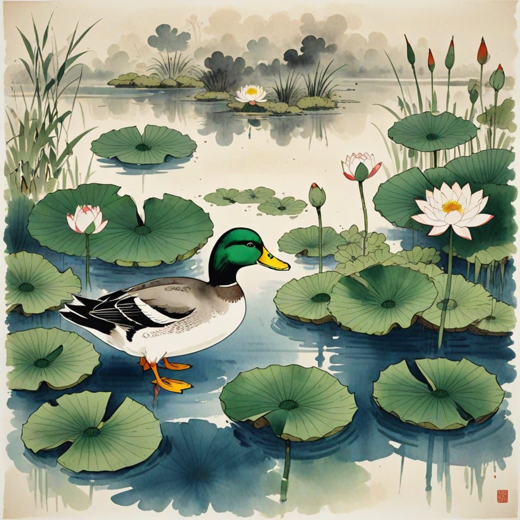 Serene Japanese Duck in a Lotus Pond Sumi-e Painting