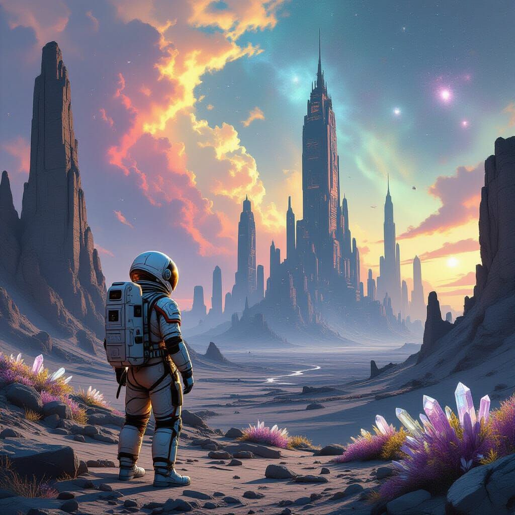 Astronaut on Alien Planet Gazing at Decaying City