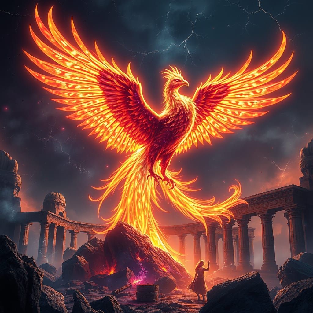 Majestic Phoenix Rises From Temple Ruins in Bioluminescent S...