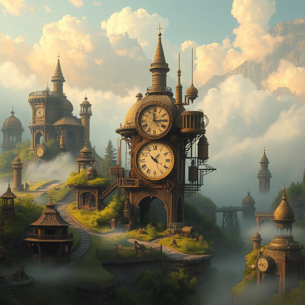 Whimsical Steampunk Enclave Amidst Lush Greenery