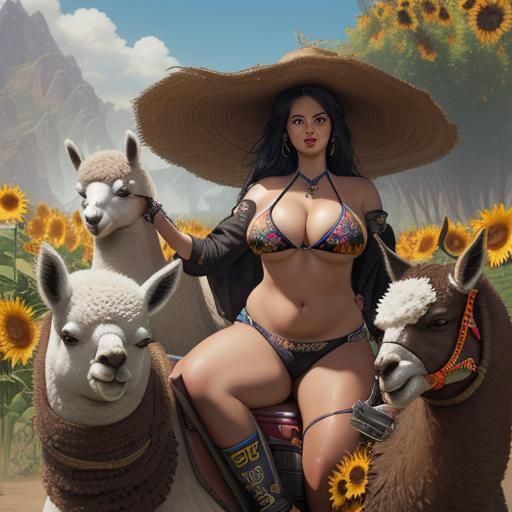 Woman on Alpaca with Red Bull, Digital Art