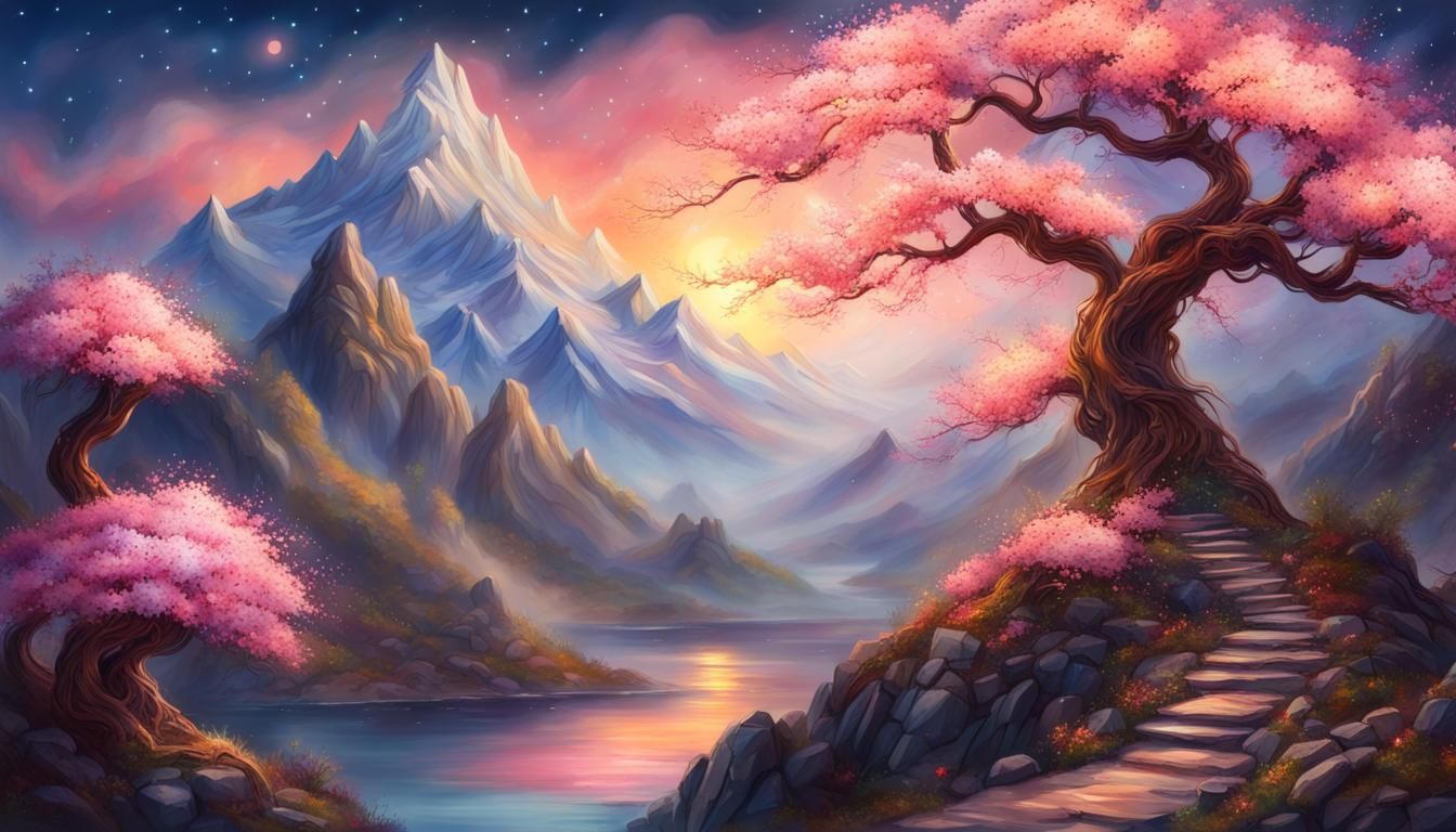 Fantasy Mountain Cherry Blossom Landscape Painting
