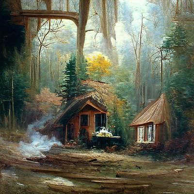 Cottage in Forest: Oil Painting