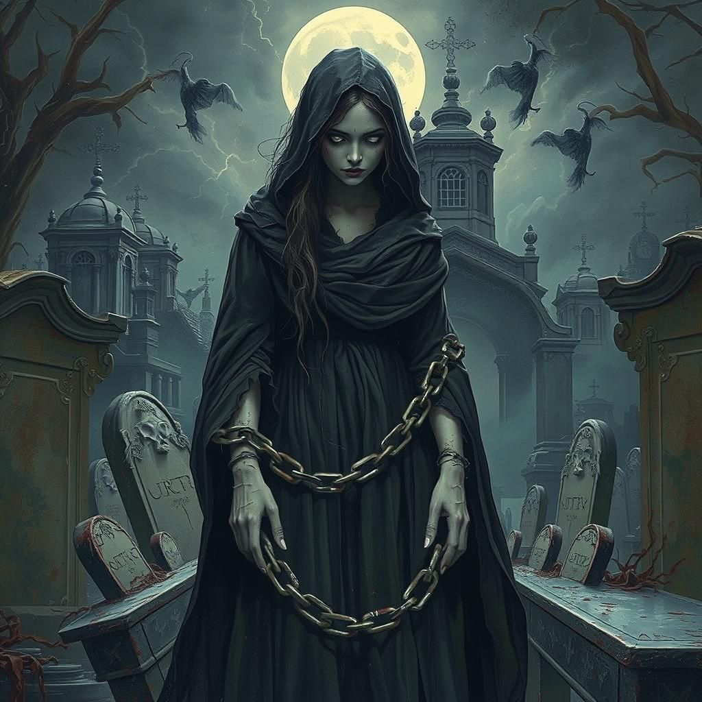 Ghostly Figure in Graveyard Mist