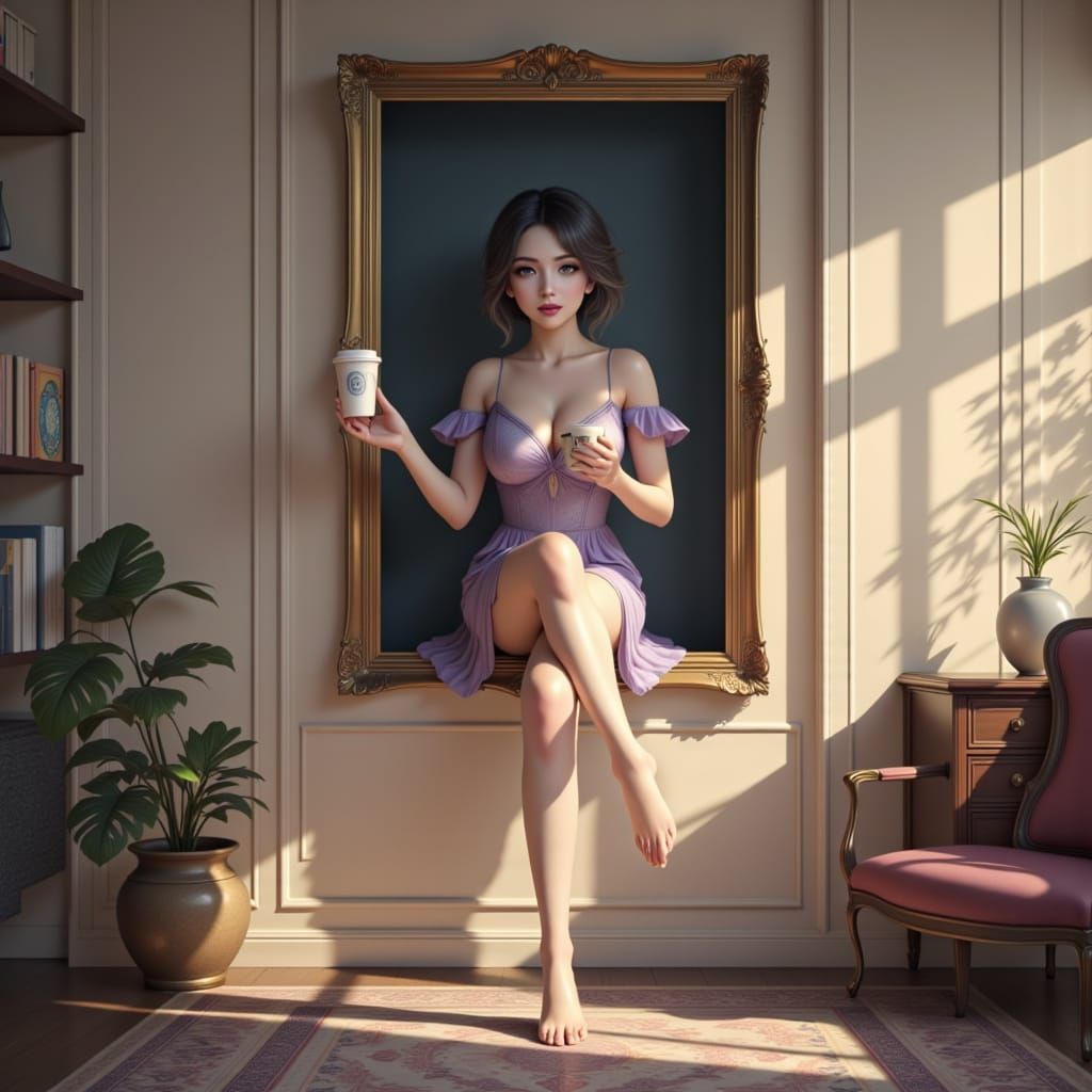 Anime Girl Steps From Portrait With Coffee